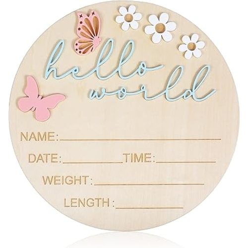 Hello World Newborn Sign, 5.9 Inch Wooden Baby Announcement Sign Pink Butterfly Style Birth Welcome Board for Newborn Boys Girls Photo Props Baby Shower Hospital Nursery