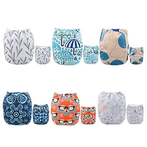 ALVABABY 6 Pack Cloth Diaper with 12 Inserts One Size Adjustable Washable Reusable Diaper Cover for Baby Girls and Boys