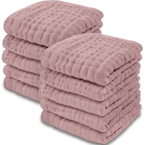 Baby Washcloths, Muslin Cotton Baby Towels, Large 10”x10” Wash Cloths Soft on Sensitive Skin, Absorbent for Boys & Girls, Newborn Baby & Toddlers Bibs & Burp Cloths Essentials Set (Mauve, Pack of 10)
