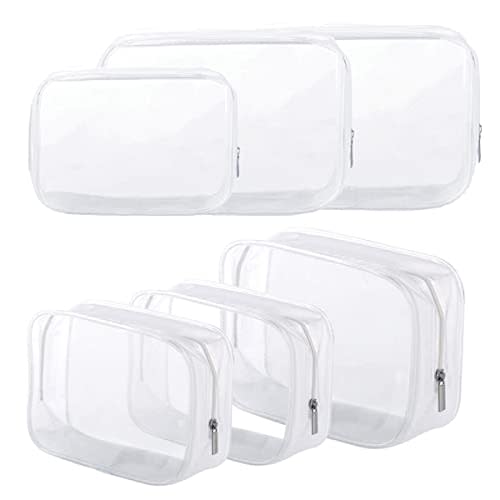 6 Pack Clear Toiletry Carry Pouch with Zipper Portable Plastic Waterproof Cosmetic Bag TSA Approved for Vacation Travel Bathroom and Organizing (White, Small and Large)
