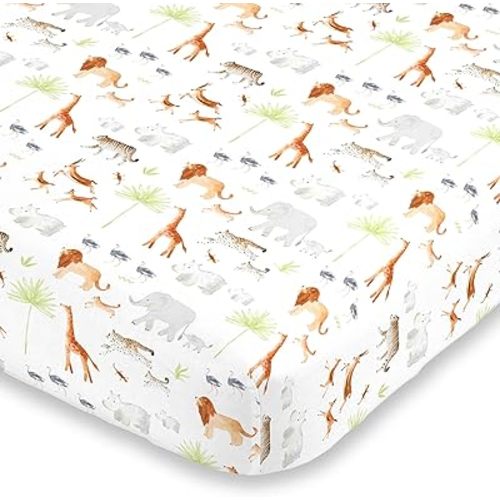 NoJo Watercolor Jungle Animals Crib Sheet - Mini Fitted Crib Sheet - Designed in The USA - 24" X 38" X 5", Orange, Grey, Light Blue