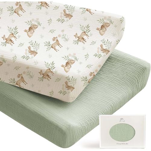 Konssy 2 Pack Muslin Changing Pad Covers for Boys, Ultra Soft & Breathable Cotton Baby Diaper Changing Table Covers, Neutral Nursery Diaper Changing Pad Sheets (Woodland,Sage)