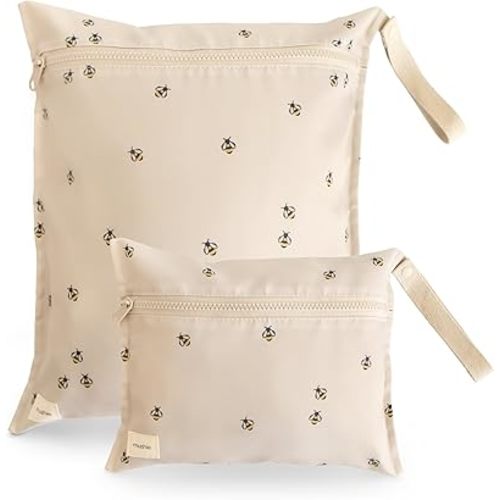 mushie Water Resistant Wet Bags | Large & Small Reusable Storage Bag for Baby Items and Travel | Zippered Pockets with Handle | Machine Washable, Set of 2 (Bees)
