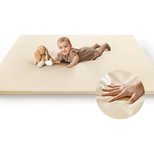 Baby Mat for Floor, Thick Soft Non-Toxic Vegan Leather Baby Play Mat, Waterproof Foam Play Mat, Padded Play Mat for Baby, 50x50 Playpen Mat, Infant Playmat for Baby Girls and Boys, Beige
