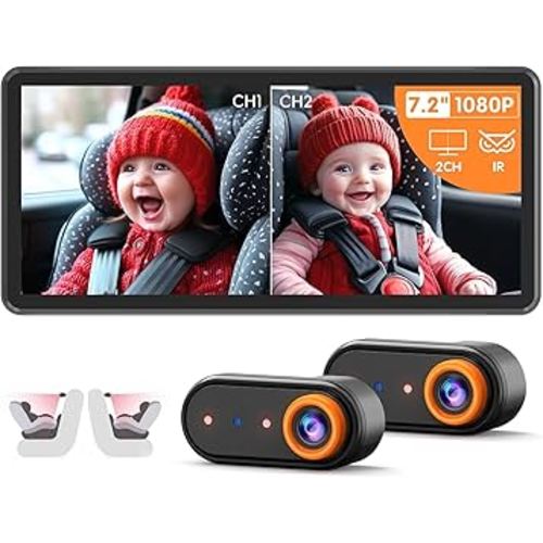 BM5PRO 7.2" 1080P HD Baby Car Camera for 2 Kids, Split Screen with IR Night Vision, Easy to Install & Adjust Brightness, Dual Car Camera Baby Monitor for Rear Seat Safety