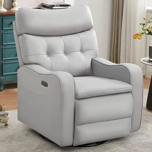 Leather Swivel Rocker Recliner, Power Glider Recliner with USB and Type-C Port, Oversize Power Swivel Recliners for Living Room, Home Office,Grey