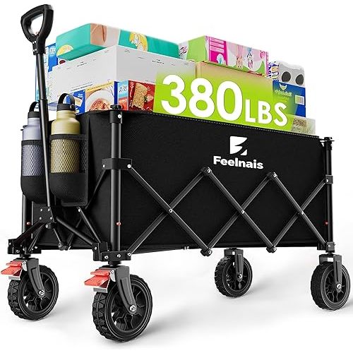 180L Collapsible Wagon with Wheels, Feelnais Folding Wagon Cart with Adjustable Handle, Foldable Utility Wagon for Grocery Shopping Camping Outdoor Sports Beach Garden