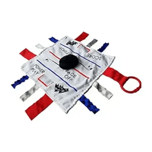 Baby Jack & Co 10x10” Hockey Sports Lovey Sensory Plush Blanket - Tag Toys for Babies - Baby Stroller Toys - Learn Shapes, Letters & Colors - MVP Baby Puck Toy & Baby Sports Gift w/Stroller Clip