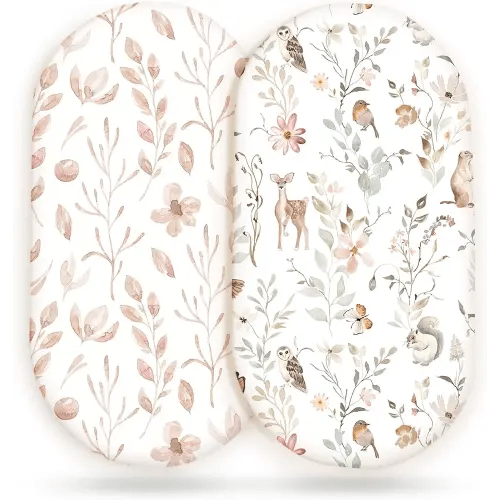 Stretchy Ultra Soft Fitted Bassinet Sheet Set 2 Pack, Universal Fit for Bassinets Baby Cradle Moses Basket Oval Rectangle Mattress Safe and Snug, Beautiful Blush Pink Floral and Cute Animals Print