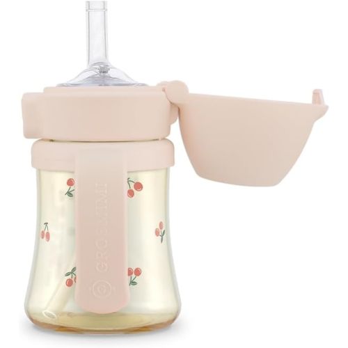 GROSMIMI Flip Top Spill Proof Sippy Cup, PPSU, BPA Free, 6 oz, Stage 2 Straw for Toddlers (Cherry)