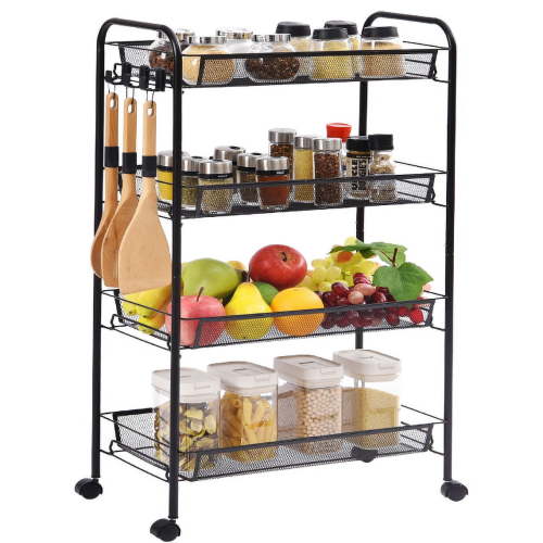 KK KINGRACK 4 Tier Metal Rolling Cart, Storage Cart with Wheels, Utility Cart for Office,School, Organize, Black