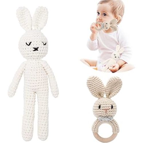 2PC Wooden Baby Bunny Rattle & Crochet Doll Plush Stuffed Rabbit Animals Toy for Newborn Baby | 100% Handmade Infant Soothe Toys for Sensory and Early Grips Development Thanksgiving Gifts