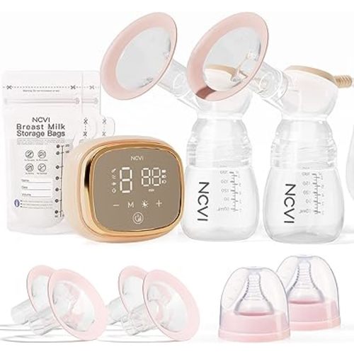 NCVI Double Electric Breast Pump 8102, Upgraded 4400mAh Battery with Night Light, Portable Breast Pump for Breastfeeding, 4 Modes & 9 Levels, LED Display, With 8 Flanges, Breastmilk Bags, Nursing Pads