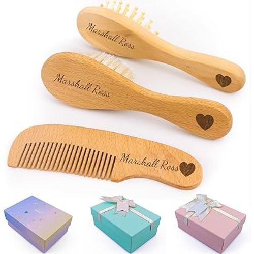 Personalized Baby Hair Brush and Comb Set for Newborn - Custom Wooden Toddler Hair Brush Set with Soft Goat Bristle, Baby Brush Set for Newborns, Toddler Cradle Cap Brush, Perfect Baby Registry Gift
