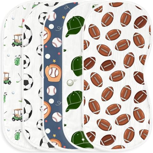 Wauprant 5pcs Sports Ball Burp Cloths for Baby Boys Girls Parent,100% Cotton Football Baseball Soccer Golf Themed Burp Rags,Muslin Burping Cloths Absorbent Spit-Up Cloths for Infant Newborns