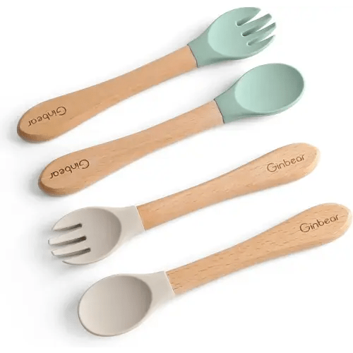 Ginbear Silicone Baby Spoons and Forks Self-feeding 12-18 Months, Soft-Tip Baby Flatware Sets, Toddler Feeding Utensils for Child, 4 Piece Set (Hazy Green/Almond)