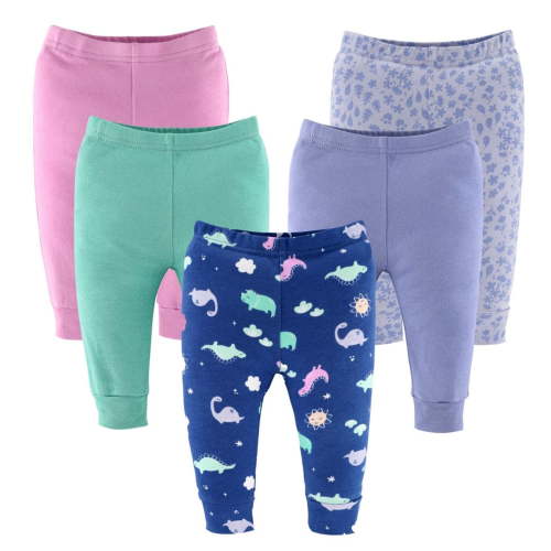 The Peanutshell Baby Girl Pants, Cotton Pull On Pants for 0-3 Months, Dino Girl, 5-Pack