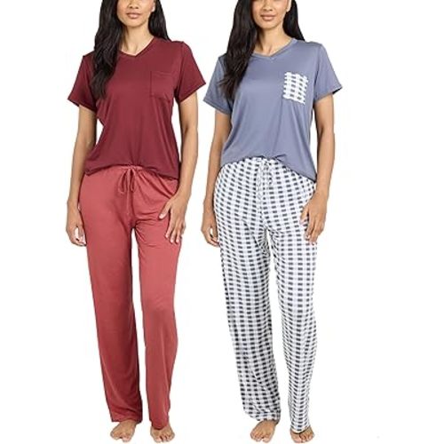 Real Essentials 2 Pack: Women's Pajama Set - Choose from Short Sleeve with Pocket or Long Sleeve without Pocket