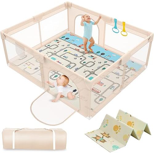 Baby Playpen with Mat 79x71inch - Extra Large Playpen for Babies and Toddlers Indoor & Outdoor Baby Playpen with Soft Breathable Mesh Cover - Sturdy Foam Baby Gate Playpen(Apricot)