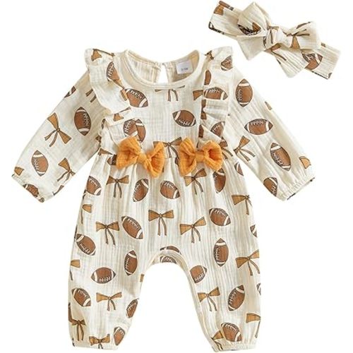 Newborn Baby Girl Football Outfit Rugby Print Ruffle Jumpsuit Puff Sleeve Linen Romper Headband Fall Clothes 0-12M