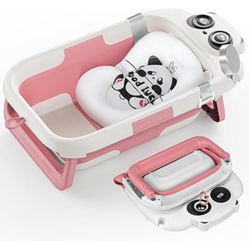 Foldable Baby Bathtub, Lightweight Bathtub for Infants to Toddlers with Soft Cushion & Thermometer, Portable Baby Tub Newborn to Toddler 0-36 Months(Pink)