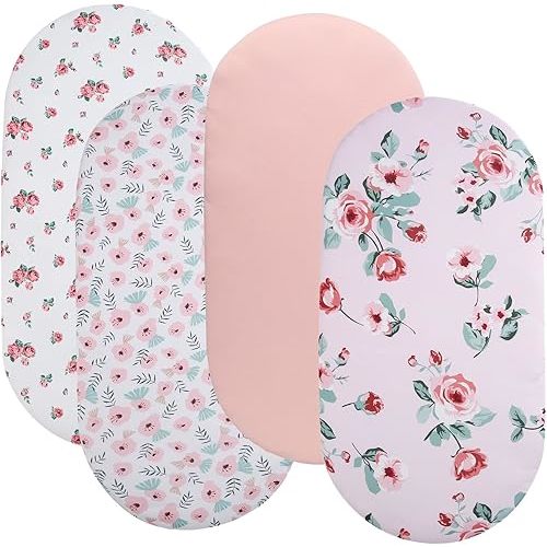 Bassinet Sheet Set 4 Pack Snug Fitted Cradle Fitted Sheets, Stretchy Ultra Soft, for Oval Rectangle Hourglass Bassinet Mattress, Unisex Boy Girl, Floral/Pink