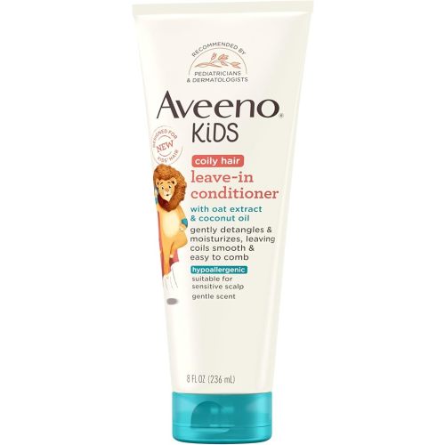 Aveeno Kids Coily Hair Leave-In Conditioner, Toddler Leave-In Conditioner for Sensitive Scalps Gently Detangles & Moisturizes Leaving Natural Curls & Coils Smooth, Hypoallergenic, 8 fl. oz