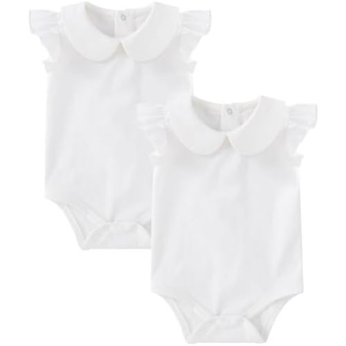 White Ruffle Short Sleeve 0-3 Month - pureborn Baby Romper Bodysuits 2-Pack Unisex Soft Cotton One-Piece Outfit for Infant Boys Girls 0-24 Months