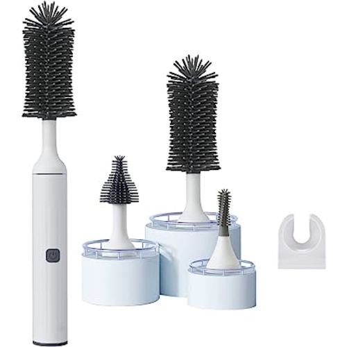 Electric Baby Bottle Brush Cleaner Set with Electric Bottle Brush, Silicone Water Bottle Cleaner,Nipple/Gap/Straw Brush,Rechargeable Automatic Bottle Cleaner Brush, White