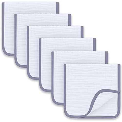 Sunny zzzZZ 6 Pack Muslin Burp Cloths - Ultra-Soft 100% Cotton Baby Boy & Girl Newborn Essentials - Large 20'' x 10'' Super Absorbent Milk Spit UP Washcloths - Unisex Burpy Cloths - Grey Trim