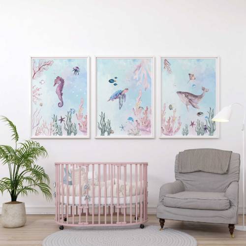 Under the sea nursery wall art prints | Ocean animal nursery decor | Sea animal nursery decor | Set of three nursery prints | girl nursery