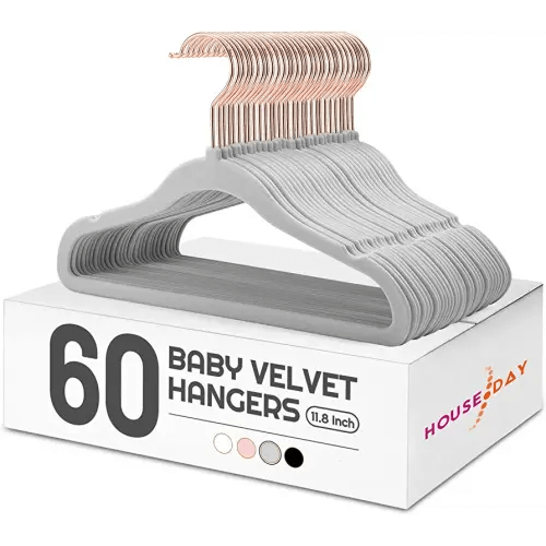 HOUSE DAY Velvet Baby Hangers for Closet, Kids Hangers Velvet 60 Pack, Non Slip Toddler Hangers 11.8 Inch, Cute Baby Clothes Hangers, Durable Childrens Hangers Newborn Hangers for Baby Clothes- Gray