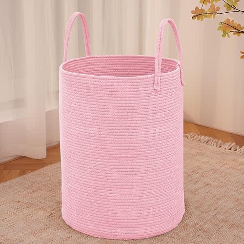 Large Woven Laundry Basket Hamper,60L Cotton Rope Storage Bin for Blankets,Toys and Clothes,Decorative Tall Nursery Hamper for Living Room,Baby Nursery,Bathroom and Bedroom,Pink