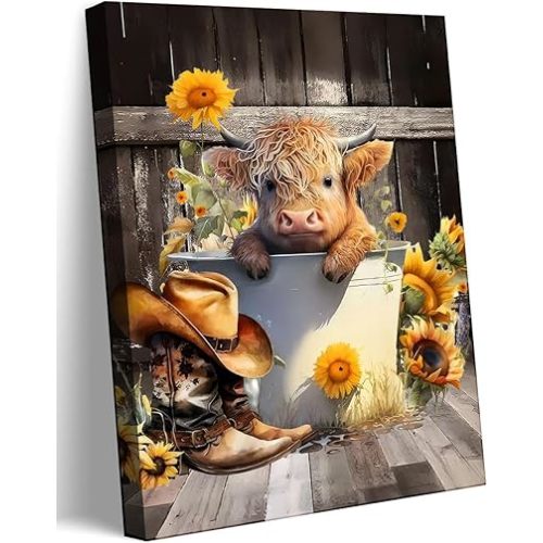 Funny Farmhouse Cow Baby Canvas Wall Art Cute Sunflower Highland Cattle Wall Decor Picture Country Animals Poster Print for Kids Room bathroom Living Room Home Decoration 12x16in