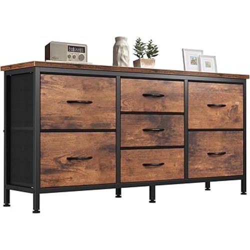 NEWBULIG Dresser for Bedroom with 7 Storage Drawers, Fabric Chest of Drawers with Metal Frame, Living Room Storage Organizers Units for Clothes, TV Stand and Hallway, Brown