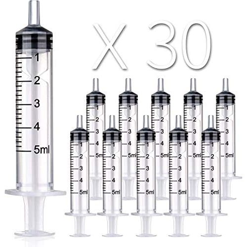 30 Pack 5ml/cc Plastic Syringe, Individually Wrapped, for Science Labs, Liquid Measuring, Watering, Refilling, Feed Small Pets, Oil or Glue Applicator