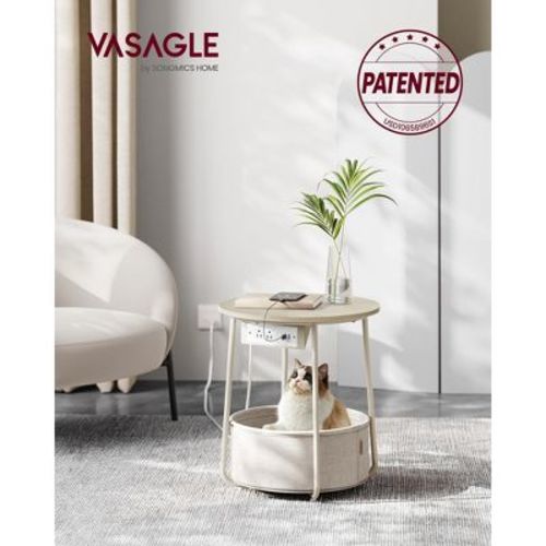 VASAGLE Side Table with Charging Station, Round End Table With Fabric Storage Box, for Living Room, Bedroom, Nightstand with Power Outlets USB Ports