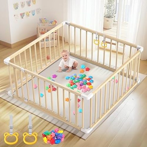 Baby Wooden Playpen for Toddler and Babies - 43 x 43 x 24 Inch Easy to Assemble Baby Playpen with 2 Handles & 30 Ocean Ball - Babies Safety Activity Centre Play Yard with Door for Indoor & Outdoor