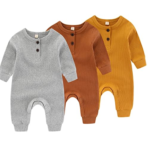 IADOER Newborn Baby Boys Girls One Piece Romper With Mitten Cuffs 3 Pack Long Sleeve Ribbed Button Jumpsuit Outfit Clothes