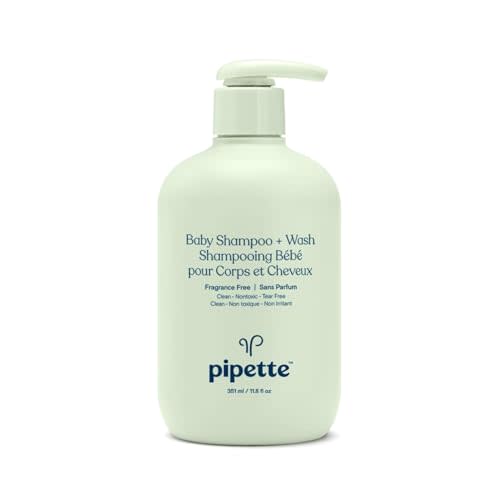 Pipette Baby Shampoo and Body Wash - Fragrance Free, Tear-Free Bath Time, Hypoallergenic, Moisturizing Plant-Derived Squalane, New Formula, 11.8 fl oz