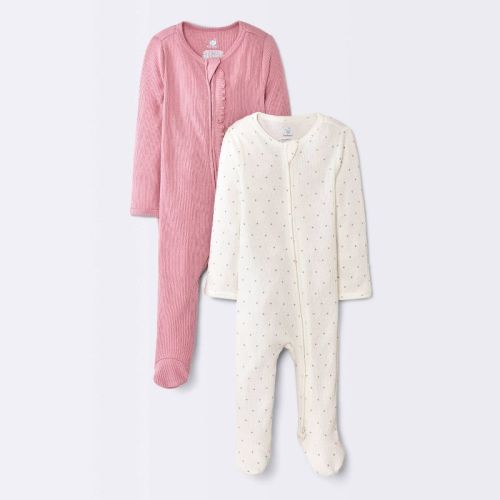 Baby Girls' 2pk Dots Jacquard Ribbed Sleep N' Play - Cloud Island™ Mauve 0-3M