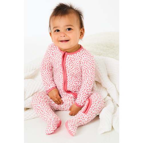 Soft & Stretchy Zipper Footie - Coral Dots