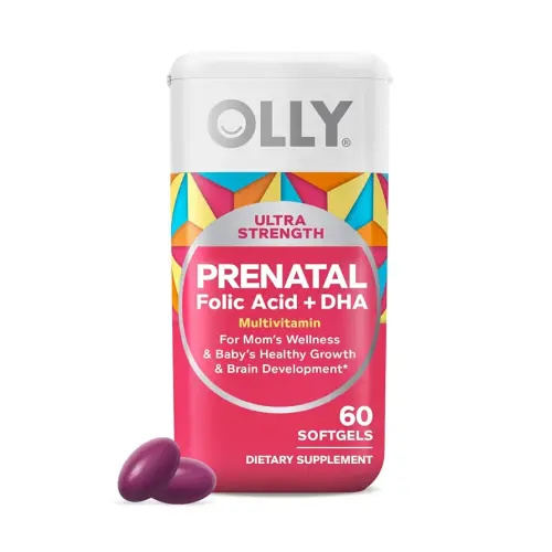 OLLY Ultra Strength Prenatal Multivitamin Softgels, Supports Healthy Growth, Brain Development, Iron, Folic Acid, DHA, Vitamins C, E, 30 Day Supply-60 Count