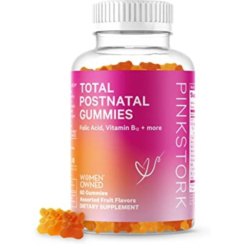Pink Stork Total Postnatal Vitamin Gummies with Folate, Vitamin B12 and B6 to Aid in Lactation Support and Postpartum Recovery, Postpartum Essentials - 60 Gummies
