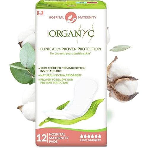 Organyc Hospital Postpartum Pads, 100% Certified Organic Cotton Pads for Women, Large Pads for First Days After Delivery, 12 Counts