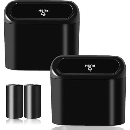 Car Trash Can Bin with Lid - 2 Packs Universal Vehicle Mini Leakproof Garbage Can Bin with 40pcs Trash Bags Car Organizers and Storage for Front Back Seat Accessories for Auto Office Home(Black)
