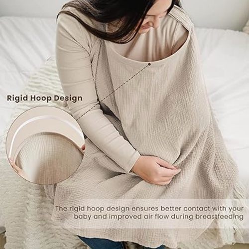 Konssy Muslin Nursing Cover for Baby Breastfeeding, Breathable 100% Cotton Breastfeeding Cover with Rigid Hoop for Mother Nursing Apron, Multi-use Carseat Canopy (Summer Wheat)