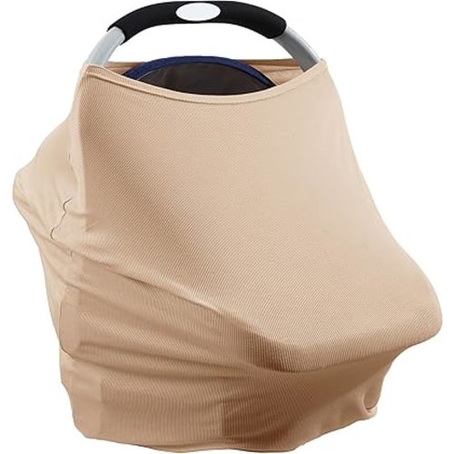 Breathable Car Seat Cover for Babies – Multi-Purpose Soft Rayon Nursing Cover for Breastfeeding, High Stretchy Infant Carseat Canopy, Stroller Cover (Striped Textured Rayon, Striped Khaki)