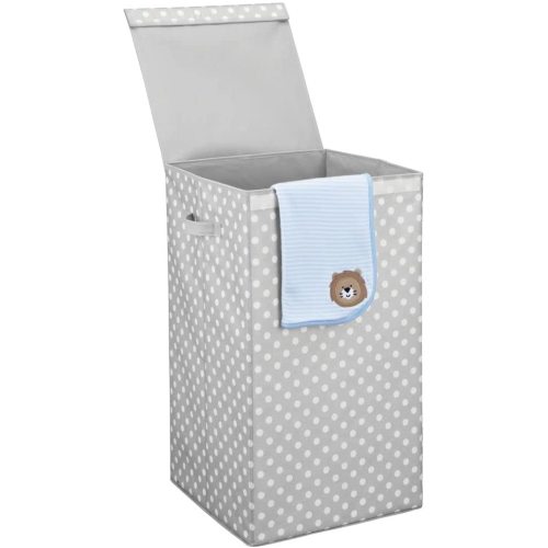 Large Upright Single Laundry Hamper Basket with Hinged Lid and Handles - Portable and Foldable for Compact Storage in Baby Nursery, Kid Bedroom, Playroom - Gray/White Polka Dots
