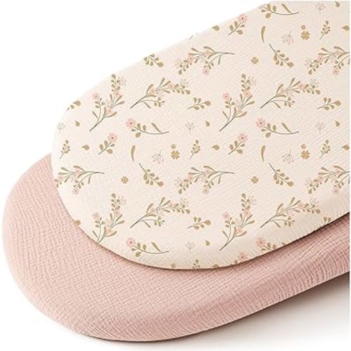 Konssy 2 Pack Muslin Fitted Bassinet Sheets for Baby Girl Boy, Soft Breathable Baby Bassinet Sheets Fit for Baby Bassinets, Cradle, Moses Basket Oval Rectangle Pad/Mattress (Pink, Floral)